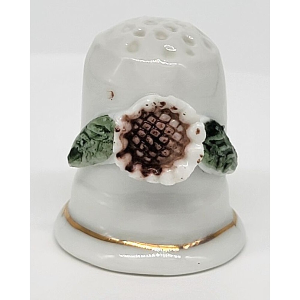 White Porcelain Floral Thimble with Raised Flower Design Sewing Collectible